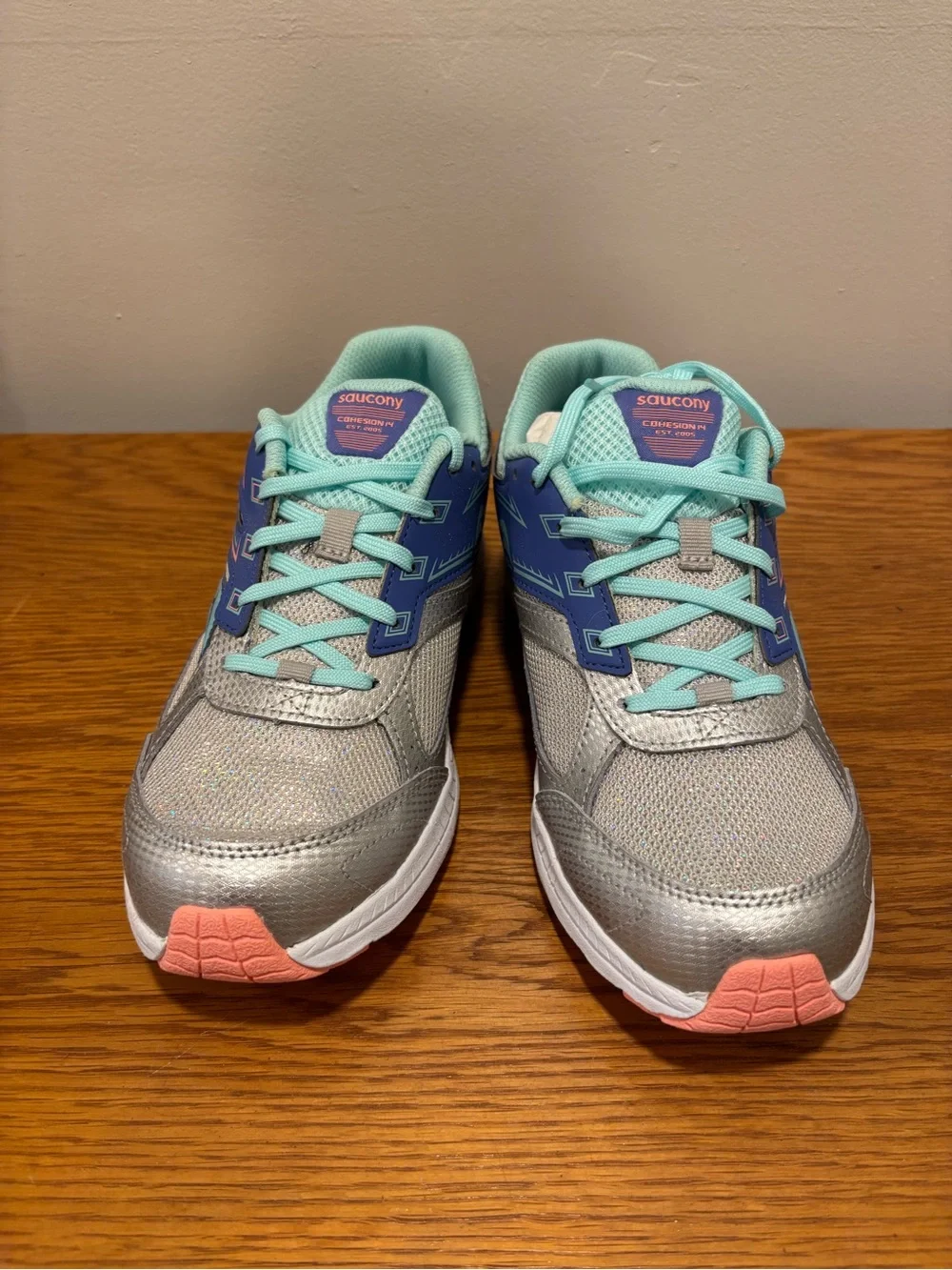 Saucony Silver & Teal Athletic Sneakers with Coral Accents